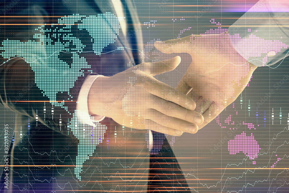 Poster multi exposure of forex graph and world map on abstract background with two businessmen handshake. c