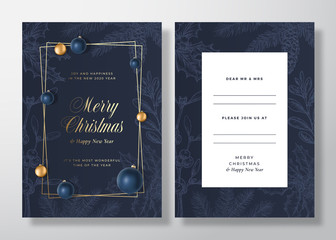 Christmas and New Year Abstract Vector Greeting Card, Poster or Background. Back and Front Invitation Layout with Toy Balls and Typography. Sketch Pine Twigs, Mistletoe. Golden Gradient Invitation