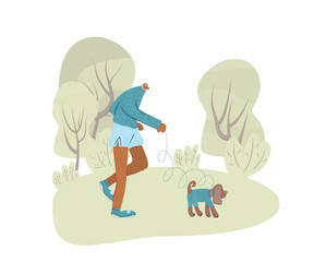 Dog walking. Human person with dog. Vector design.