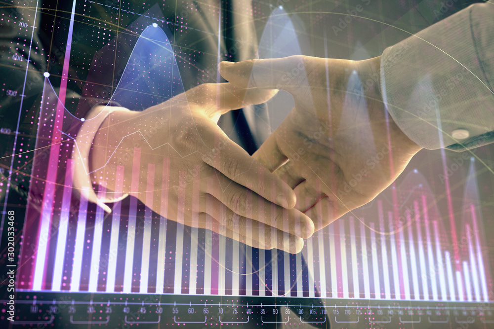 Poster multi exposure of forex graph on abstract background with two businessmen handshake. concept of succ