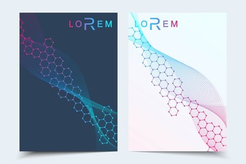 Vector templates for brochure magazine leaflet flyer cover booklet annual report. Modern futuristic hexagonal pattern with particle, molecule structure for medical, technology, chemistry, science.