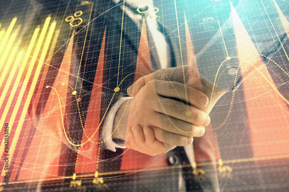 Poster multi exposure of forex graph on abstract background with two businessmen handshake. concept of succ