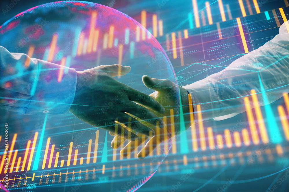 Aufkleber multi exposure of forex graph and world map on abstract background with two businessmen handshake. c