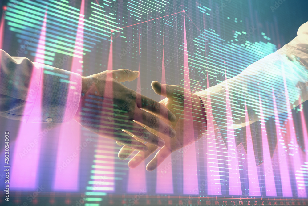 Aufkleber multi exposure of forex graph and world map on abstract background with two businessmen handshake. c