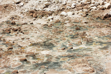Yellow landscape of Nisyros volcano. View of the caldera, a crater with sulfur crystals