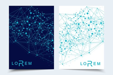 Scientific brochure design template. Vector flyer layout, Molecular structure with connected lines and dots. Scientific pattern atom DNA with elements for magazine, leaflet, cover, poster design.