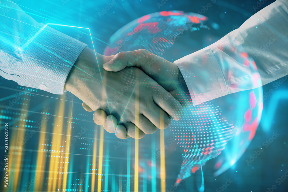 Poster multi exposure of forex graph and world map on abstract background with two businessmen handshake. c