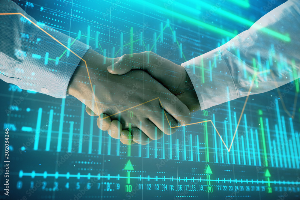 Poster multi exposure of forex graph on abstract background with two businessmen handshake. concept of succ