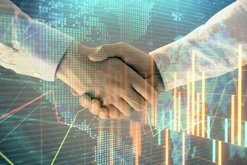 Plakat Multi exposure of forex graph and world map on abstract background with two businessmen handshake. Concept of success on international markets