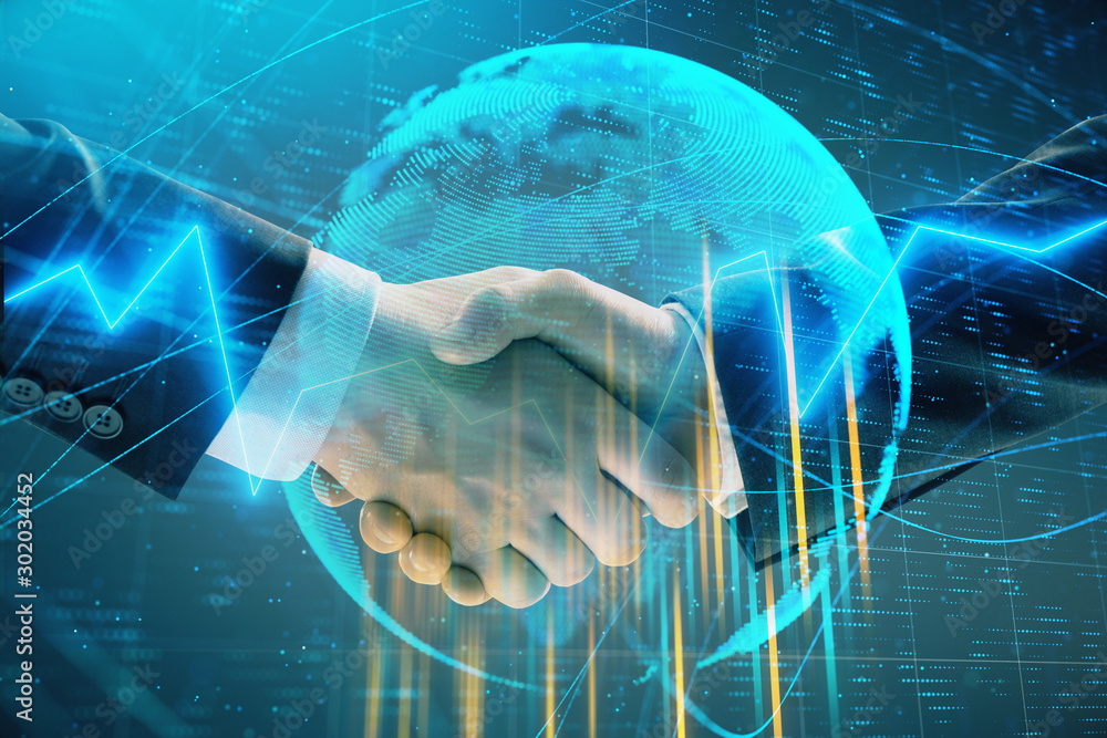 Aufkleber multi exposure of forex graph and world map on abstract background with two businessmen handshake. c