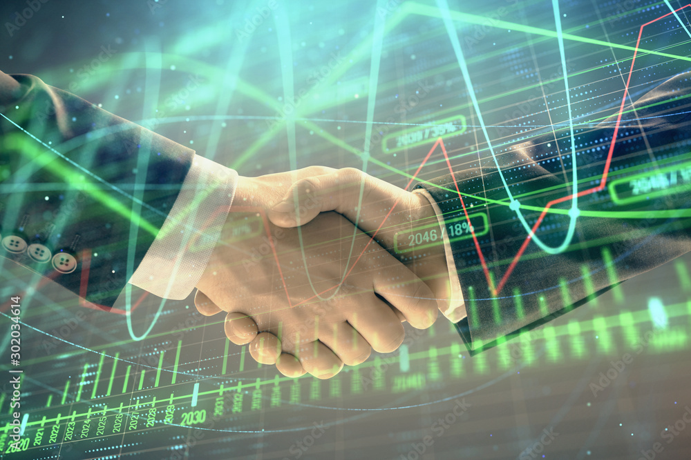 Poster multi exposure of forex graph on abstract background with two businessmen handshake. concept of succ
