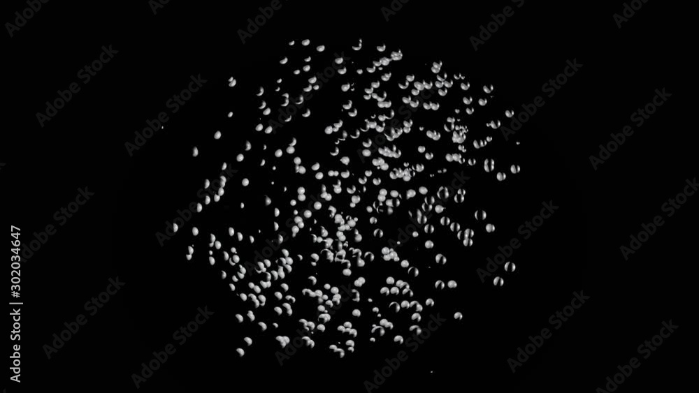 Poster many white particles moving chaotically with different speed on black background, seamless loop. ani