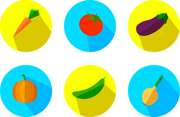 Modern vector collection of flat icons set with long shadow effect of vegetables theme - tomato, carrot, eggplant, onion, cucumber. Isolated on white background.