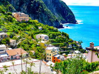 coastal view  from the  Riomaggiore village which is a small village in the Liguria region of Italy.