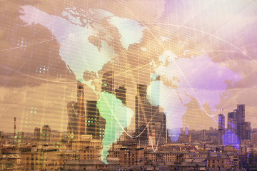 Double exposure of world map on city veiw background. Concept of international trading