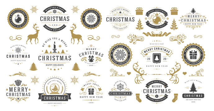 Christmas and happy new year wishes labels and badges set vector illustration