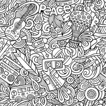 Cartoon hand-drawn Doodles on the subject of Hippie style theme