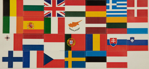 Stickers of flags of the countries of the European Union with the flag of Great Britain. Background image.