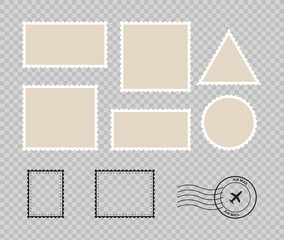 Set blank postage stamp.Toothed border mailing postal sticker template. Vector graphic design