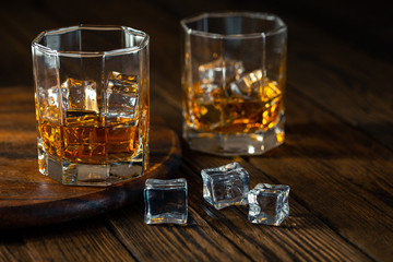 Whiskey in glass with ice
