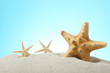 Fototapeta na wymiar sand, shells and starfish on a blue background with place for text. Vacations, sea, travel concept