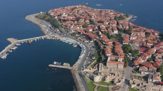 Panoramic view of the old town of Nessebar from a great height. Aerial drone footage