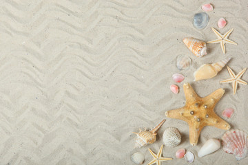 Fototapeta na wymiar sand, shells and starfish top view with place for text. Travel, sea, vacation concept.