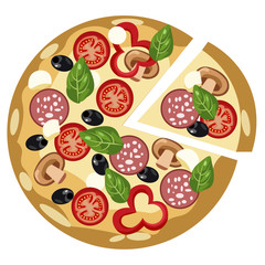 Food, round pizza. Flat style. Cartoon vector