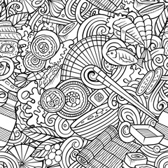 Fototapeta premium Cartoon cute doodles hand drawn Japan Food seamless pattern