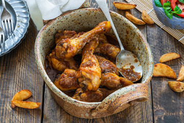 Chicken drumsticks in ginger beer sauce with potato wedges and salad on rustic wooden table - high angle view