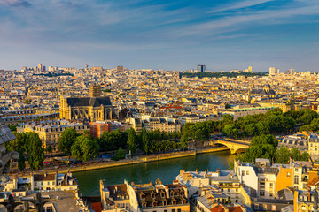 High resolution aerial panorama of Paris, France taken from the Notre Dame Cathedral before the...