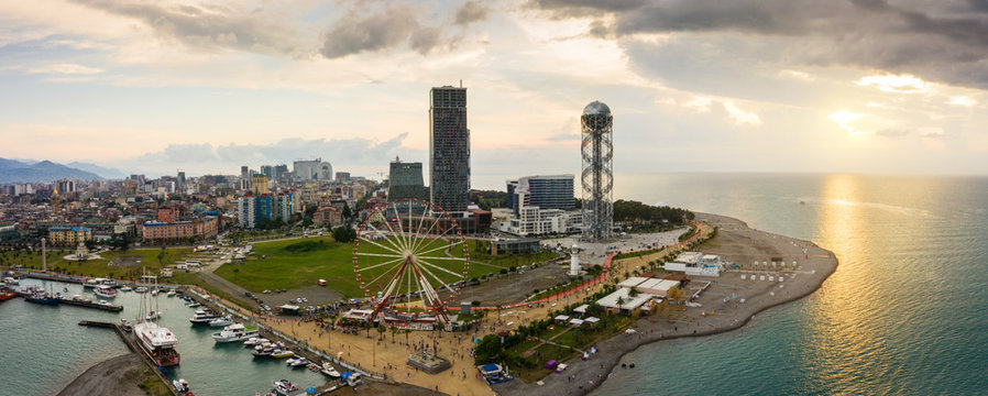 Panoramic view of Batumi, Georgia. View of the center of Batumi and the promenade and the beach. The capital of Adjara, Georgia.