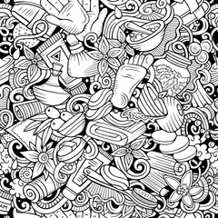 Massage hand drawn doodles seamless pattern. Spa therapy background