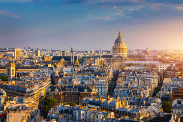 Panoramic view of Paris with the Pantheon at sunset, France. View of the Pantheon and the latin...