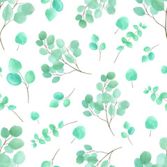 watercolor pattern with eucalyptus twigs. Botanical textile