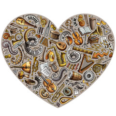 Set of cartoon doodle classic musical instruments and objects