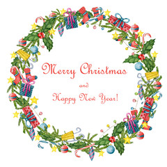 A charming bright wreath of Christmas symbols: sled, gifts, candy canes, stars, socks, colorful lights, spruce and holly branches. Festive frame made of Christmas decorations.