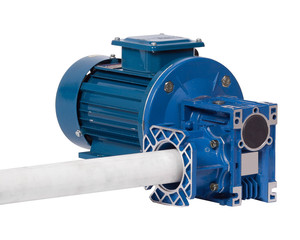 Industrial chemical barrel mixer with AC motor and gear box isolated on white.