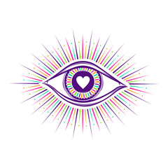  All seeing eye symbol graphic. Vision of Providence. Alchemy, religion, spirituality, occultism, tattoo art. Isolated vector illustration. Conspiracy theory. Decorative drawing style. Priint logo