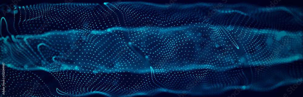 Poster wave 3d. wave of particles. abstract blue geometric background. big data visualization. data technol
