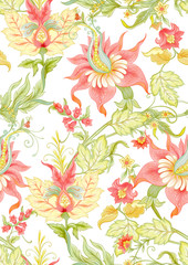 Fantasy flowers in retro, vintage, jacobean embroidery style. Pattern, background. Template for wedding invitation. Colored vector illustration