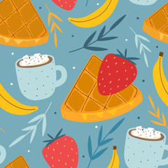 Waffles desserts seamless pattern for print, textile, fabric. Sweet dessert with cocoa and marshmallow background.