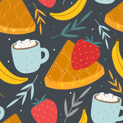 Waffles desserts seamless pattern for print, textile, fabric. Sweet dessert with cocoa and marshmallow background.