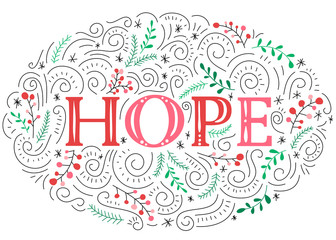 Peace Hand-Drawn Lettering with Doodle Swirls, Winter Holiday Foliage on White Background