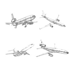 Set of pencil drawn airplanes on white background