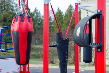 Boxing simulators outdoors. Boxing on the street. Healthy lifestyle.