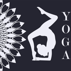 Yoga - girl silhouette, elbow stand - abstract black and white background - vector.