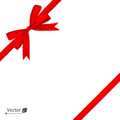 Red isolated ribbon with bow tied to corner with a knot. Gift. Vector illustration.