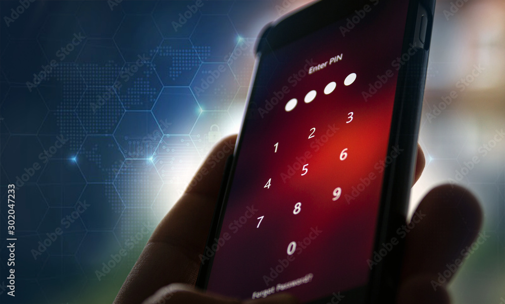 Poster enter the pin code on the phone. information security concept.
