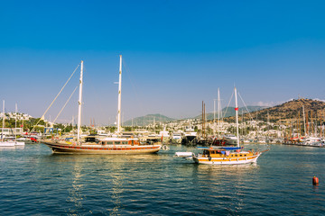 View of  marina at sunset, Bodrum, Turkey. Marine landscape with yachts